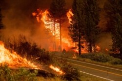 The Tamarack Fire burns in the Markleeville community of Alpine County, California, July 17, 2021.