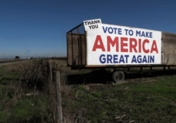A Trump campaign sign is displayed near Los Banos, California, Dec. 16, 2016.
