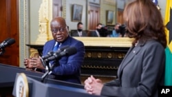 Shugaban Ghana Nana Addo da Mataimakiyar Shugaban Amurka Kamala a Harris yayin wata ziyara da Nana Addo ya kai Amurka a shekarar 2021