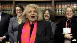 Edie Windsor speaks to reporters at the offices of the New York Civil Liberties Union, in New York City