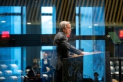 FILE - U.N. Secretary-General Antonio Guterres speaks during the 75th annual U.N. General Assembly, which is being held mostly virtually because of the coronavirus disease pandemic, in the Manhattan borough of New York, Sept. 22, 2020.