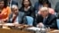President Donald Trump addresses the United Nations Security Council during the 73rd session of the United Nations General Assembly, at U.N. headquarters in New York, Sept. 26, 2018. At left is United Nations Secretary-General Antonio Guterres.