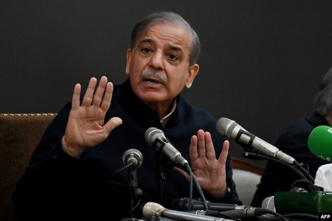 Pakistan's former prime minister and leader of the Pakistan Muslim League-Nawaz (PML-N) party Shehbaz Sharif speaks during a press conference in Lahore, Feb. 13, 2024.