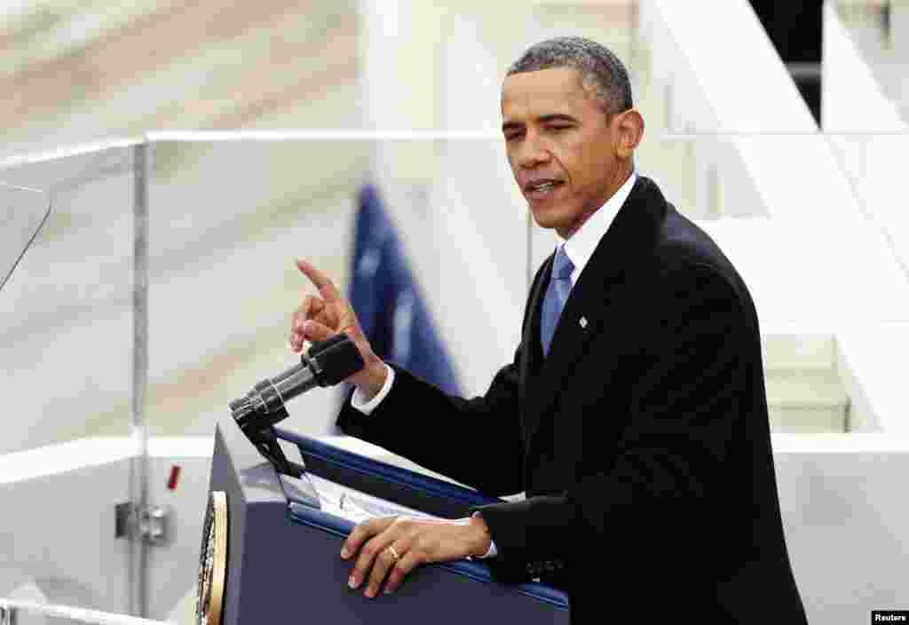 U.S. President Barack Obama speaks during swearing-in ceremonies on the West front of the U.S Capitol in Washington, January 21, 2013