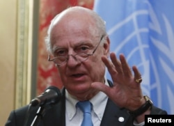 U.N. Syria envoy Staffan de Mistura speaks following a meeting in Moscow, April 20, 2018.