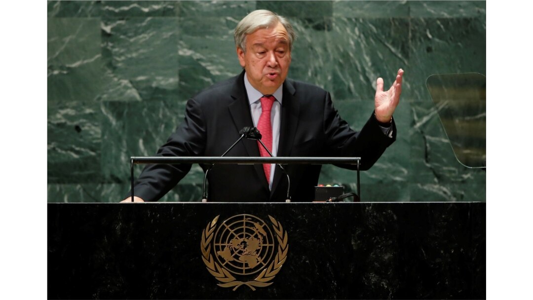 Sekjen PBB Antonio Guterres memberikan pidato di Majelis Umum PBB ke-76 di New York (21/9).