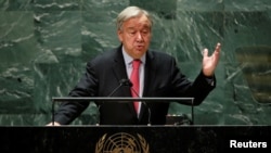 United Nations Secretary-General Antonio Guterres addresses the 76th Session of the U.N. General Assembly in New York City, Sept. 21, 2021.
