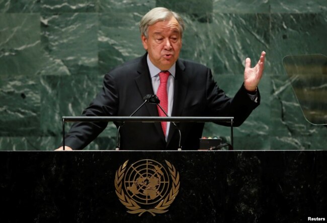 Sekjen PBB Antonio Guterres memberikan pidato di Majelis Umum PBB ke-76 di New York (21/9).