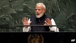 India's Prime Minister Narendra Modi addresses the 74th session of the United Nations General Assembly, in New York, Sept. 27, 2019.