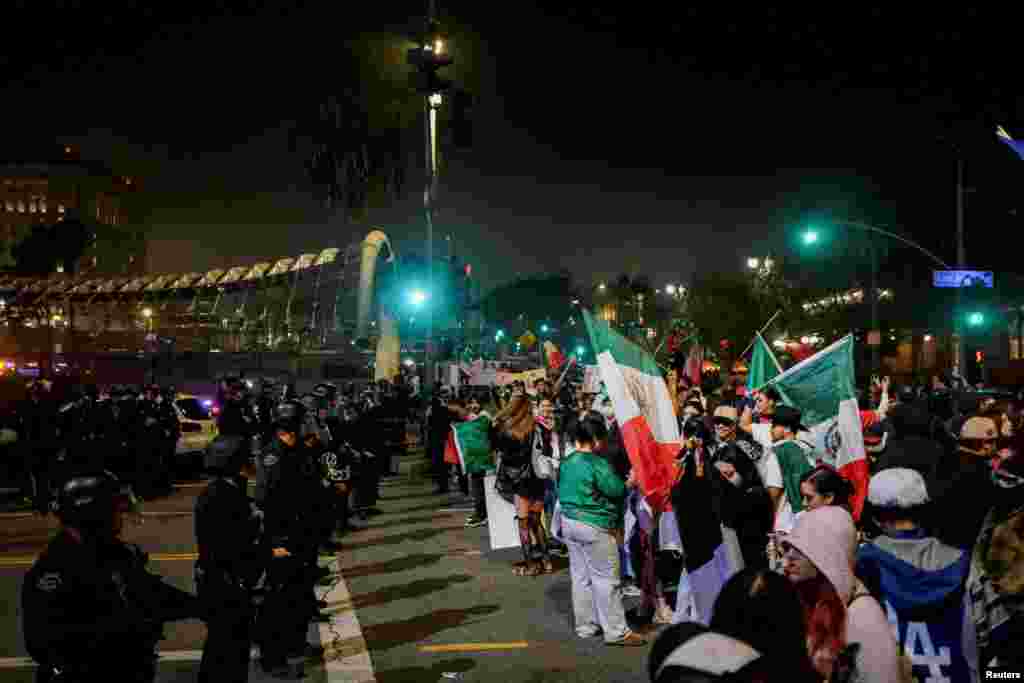 LAPD officers artifact  disconnected  thoroughfare  entree  during a protestation  against arrests and deportations of migrants successful  Los Angeles, California, Feb. 2, 2025.