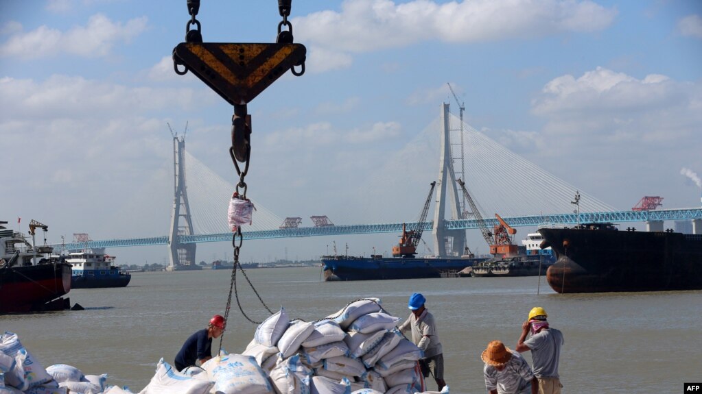 中国江苏省南通港正在装卸从巴西进口的大豆产品（2019年9月19日）(photo:VOA)