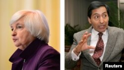 La secretaria del Tesoro de Estados Unidos, Janet L. Yellen, y el secretario de Hacienda de México, Rogelio Ramírez de la O. [Fotos: Reuters - Montaje: VOA]