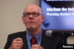 FILE - Louis Charbonneau, U.N. director at Human Rights Watch, speaks during a news conference at the United Nations in New York, October 18, 2018.