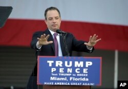 FILE - Reince Priebus, chairman of the Republican National Committee, speaks at a campaign rally for then presidential candidate Donald Trump at Bayfront Park Amphitheater, Nov. 2, 2016, in Miami, Florida.