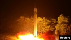 A Hwasong-14 intercontinental ballistic missile is pictured during its second test-fire in this undated picture provided by KCNA in Pyongyang, North Korea, on July 29, 2017. (KCNA via Reuters)
