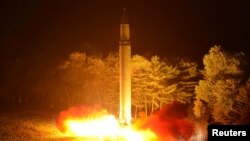 A Hwasong-14 intercontinental ballistic missile is pictured during its second test-fire in this undated picture provided by KCNA in Pyongyang, North Korea, on July 29, 2017.