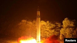 A Hwasong-14 intercontinental ballistic missile is pictured during its second test-fire in this undated picture provided by KCNA in Pyongyang, North Korea, on July 29, 2017.