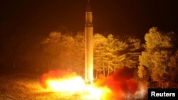 A Hwasong-14 intercontinental ballistic missile is pictured during its second test-fire in this undated picture provided by KCNA in Pyongyang, North Korea, on July 29, 2017.