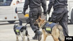 特警牵警犬在天安门广场巡逻。(2016年3月3日 美国之音金子莹拍摄)