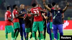 Namibia's Lubeni Haukongo celebrates with his teammates after defeating Tunisia at the 2023 Africa Cup of Nation, Ivory Coast, Stade Amadou Gon Coulibaly, Korhogo, Jan. 16, 2024 