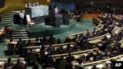The UN General Assembly listening to President Obama's speech at United Nations headquarters in New York, September 21, 2011. The body's attention this week is focused on the Palestinian request for full membership.