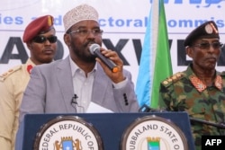 FILE - Jubaland President Ahmed Mohamed Islam speaks in Kismayo, Aug. 22, 2019.