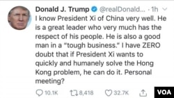 Trump's twitter post about Hong Kong