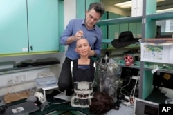 FILE - David Hanson, founder of Hanson Robotics, works on his company's flagship robot Sophia, in Hong Kong, Sept. 28, 2017. Sophia is a creation of the Hong Kong-based startup working on bringing humanoid robots to the marketplace.