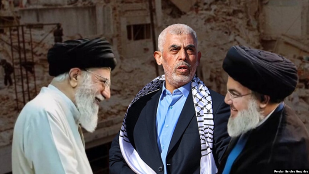 از چپ: علی خامنه‌ای، رهبر کشته شده جمهوری اسلامی، یحیی سنوار، رهبر کشته شده حماس، و حسن نصرالله،‌ رهبر کشته شده حزب‌الله لبنان