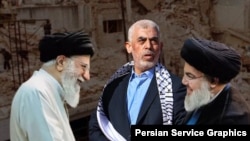 از چپ: علی خامنه‌ای، رهبر کشته شده جمهوری اسلامی، یحیی سنوار، رهبر کشته شده حماس، و حسن نصرالله،‌ رهبر کشته شده حزب‌الله لبنان