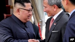 In this photo released by the Ministry of Communications and Information of Singapore, North Korean leader Kim Jong Un is greeted by Singapore Minister for Foreign Affairs Dr Vivian Balakrishnan at the Changi International Airport, June 10, 2018.