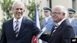 Czech Republic's President Vaclav Klaus (R) and his Serbian counterpart Boris Tadic smile as they attend a news conference at Lany Chateau in Lany, August 29, 2011