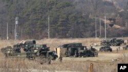 U.S. Army armored vehicles are seen during a military exercise in Yeoncheon, South Korea, near the border with North Korea, South Korea, Feb. 27, 2019. 