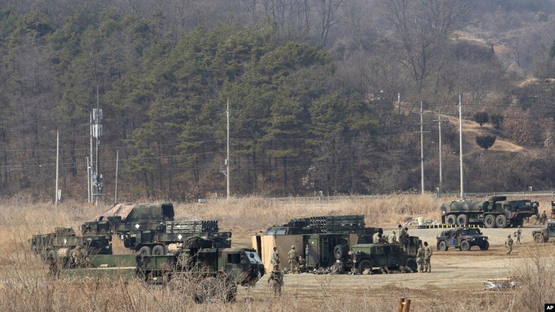 FILE - U.S. Army armored vehicles are seen during a military exercise in Yeoncheon, South Korea, near the border with North Korea, South Korea, Feb. 27, 2019. 