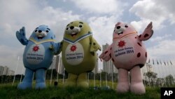 Tiga maskot resmi pesta olahraga Asian Games 2014 di Incheon, Korea Selatan yang akan berlangsung mulai 19 September mendatang (foto: dok).