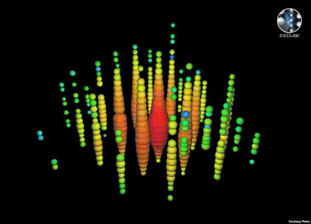 This digital image shows the highest energy neutrino ever observed, with an estimated energy of 1.14 petaelectronvolts (PeV), detected by the IceCube Neutrino Observatory at the South Pole on Jan. 3, 2012. (IceCube Collaboration)