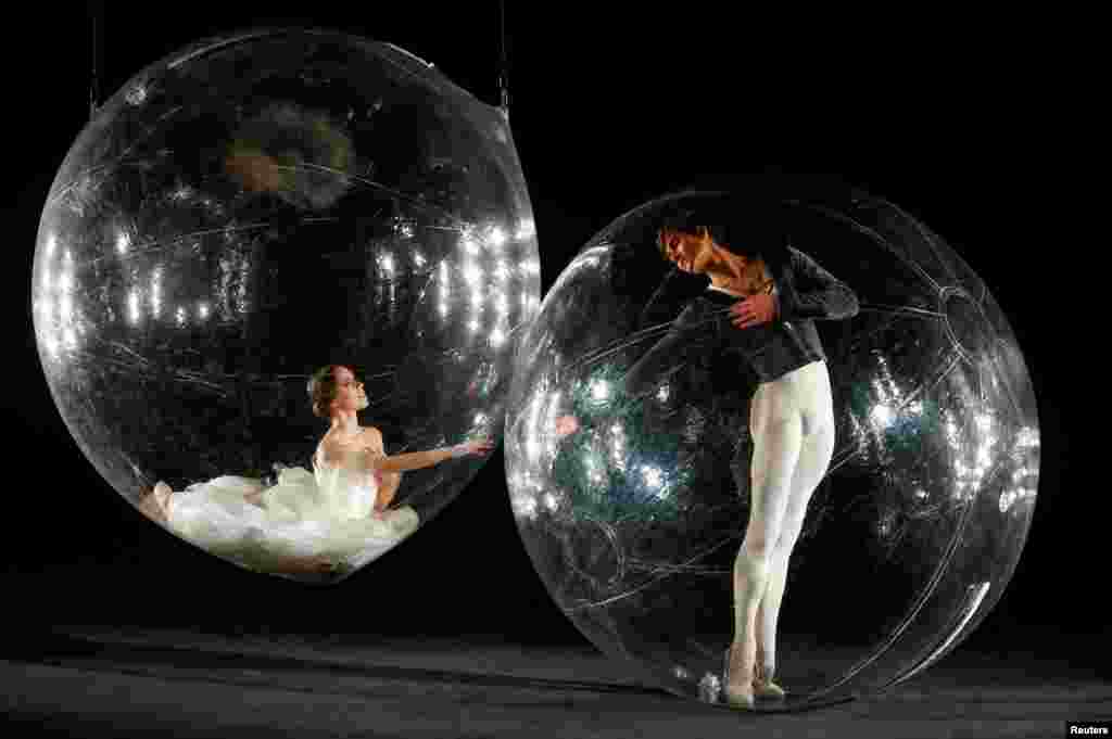 Stuttgart Ballet company dancers Elisa Badenes and Friedemann Vogel take part in performance &quot;Social Distance Stacks&quot; of conceptual artist Florian Mehnert at the John Cranko School in Stuttgart, Germany.