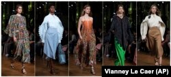 Models wearing clothes from designer Stella McCartney during Paris Fashion Week on Sept. 30, 2019. For many years McCartney has been in the sustainability fight. Her latest collection uses organic cotton, recycled polyester, sustainable viscose and tracea