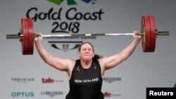 FILE - Weightlifter Laurel Hubbard of New Zealand competes at the Gold Coast 2018 Commonwealth Games, in Gold Coast, Australia, April 9, 2018.