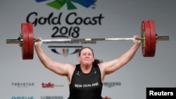 FILE - Weightlifter Laurel Hubbard of New Zealand competes at the Gold Coast 2018 Commonwealth Games, in Gold Coast, Australia, April 9, 2018.