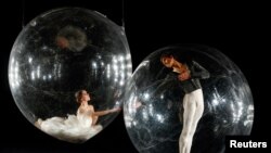 Stuttgart Ballet company dancers Elisa Badenes and Friedemann Vogel take part in performance &quot;Social Distance Stacks&quot; of conceptual artist Florian Mehnert at the John Cranko School in Stuttgart, Germany.