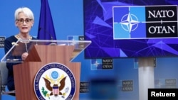 U.S. Deputy Secretary of State Wendy Sherman holds a news conference at the NATO headquarters in Brussels, Belgium January 12, 2022. 