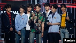 BTS accepts the Top Social Artist award at the 2018 Billboard Music Awards, Las Vegas, Nevada, May 20, 2018.