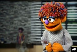 In this Monday, July 10, 2017 photo, Sesame Street's new Afghan character, a 4-year-old Afghan puppet boy called Zeerak, is seen during a recoding a segment for Afghan version of Sesame Street called Baghch-e-Simsim