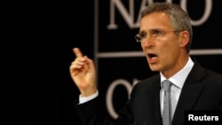 NATO Secretary General Jens Stoltenberg, shown at a news conference in Brussels, July 13, 2016, said NATO and Russia remain at loggerheads over Ukraine but will consider a proposal to reduce the risk of an accidental military confrontation in Baltic airspace.