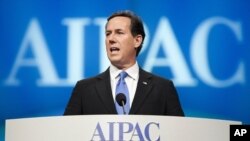 Republican presidential candidate Rick Santorum speaks at the American Israel Public Affairs Committee (AIPAC) policy conference in Washington, March 6, 2012.