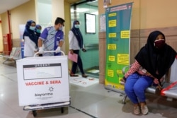 Seorang petugas menarik sebuah kotak berisi vaksin virus corona (COVID-19) di sebuah puskesmas untuk program vaksinasi massal, di Jakarta, 13 Januari 2021. (Foto: Willy Kurniawan/Reuters)