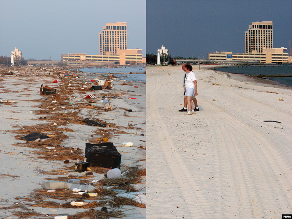 Harrison County beaches, damaged&nbsp;by Hurricane Katrina, were left with over 33,000 cubic yards of debris, Biloxi, Miss., Sept. 3, 2005 and Aug. 8, 2006. (FEMA/Mark Wolfe)