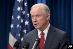 FILE - Attorney General Jeff Sessions speaks in Washington, March 6, 2017. The ACLU comlaint relates to Session's testimony during his Senate confirmation process regarding his contact with Russia.
