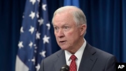FILE - Attorney General Jeff Sessions speaks in Washington, March 6, 2017. The ACLU comlaint relates to Session's testimony during his Senate confirmation process regarding his contact with Russia.